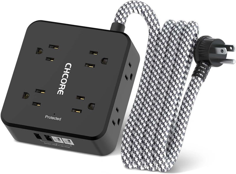 Core Surge Protector Power Strip - 6Ft Braided Extension Cord with 8 Outlets with 4 USB (2 USB C) Charging Ports, Flat Plug Multi Plug Outlet Extender Charging Station for Home Office, ETL, Black - Image 1